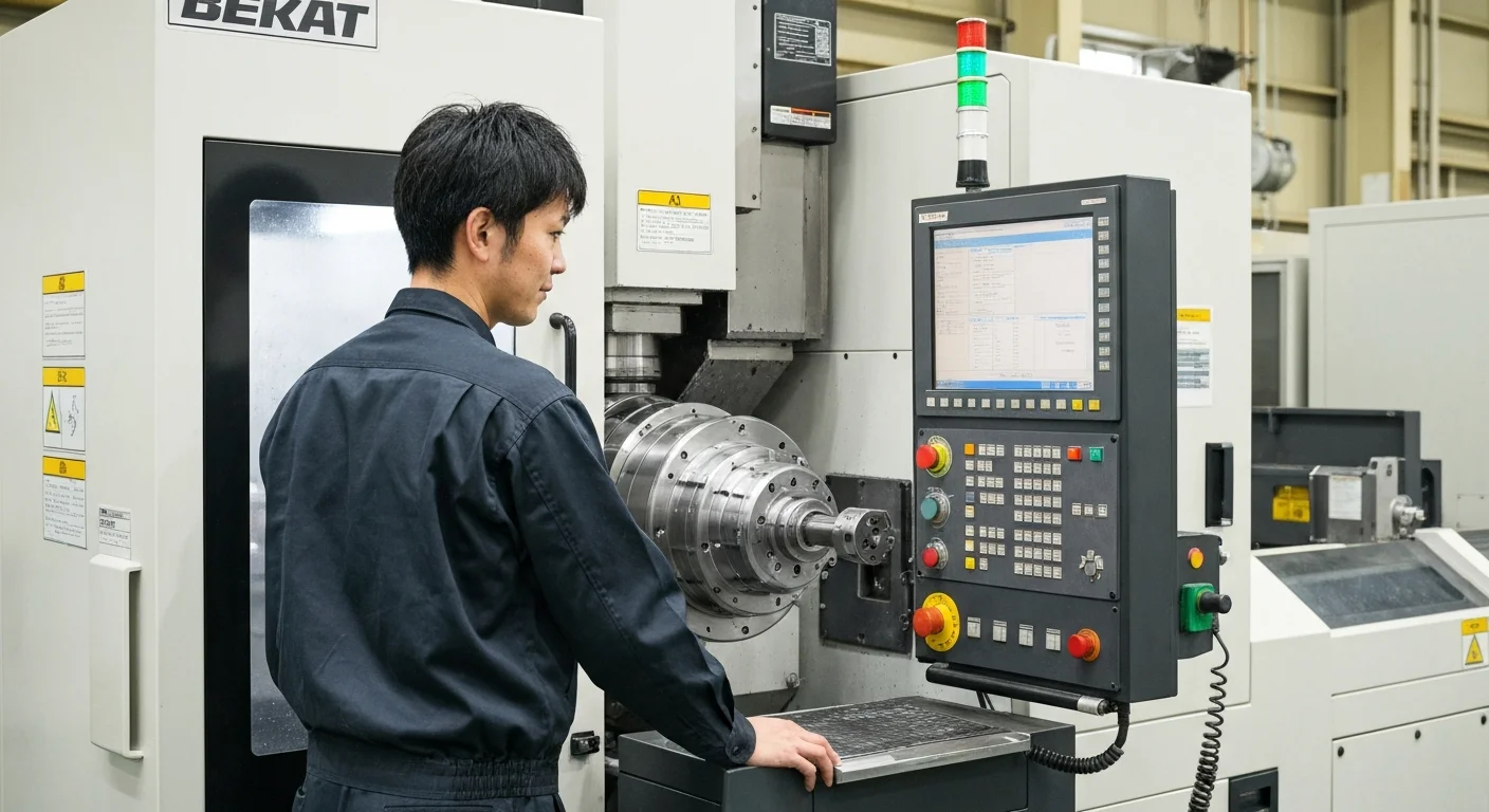 工作機械を操作して金属部品を加工する作業者の手元