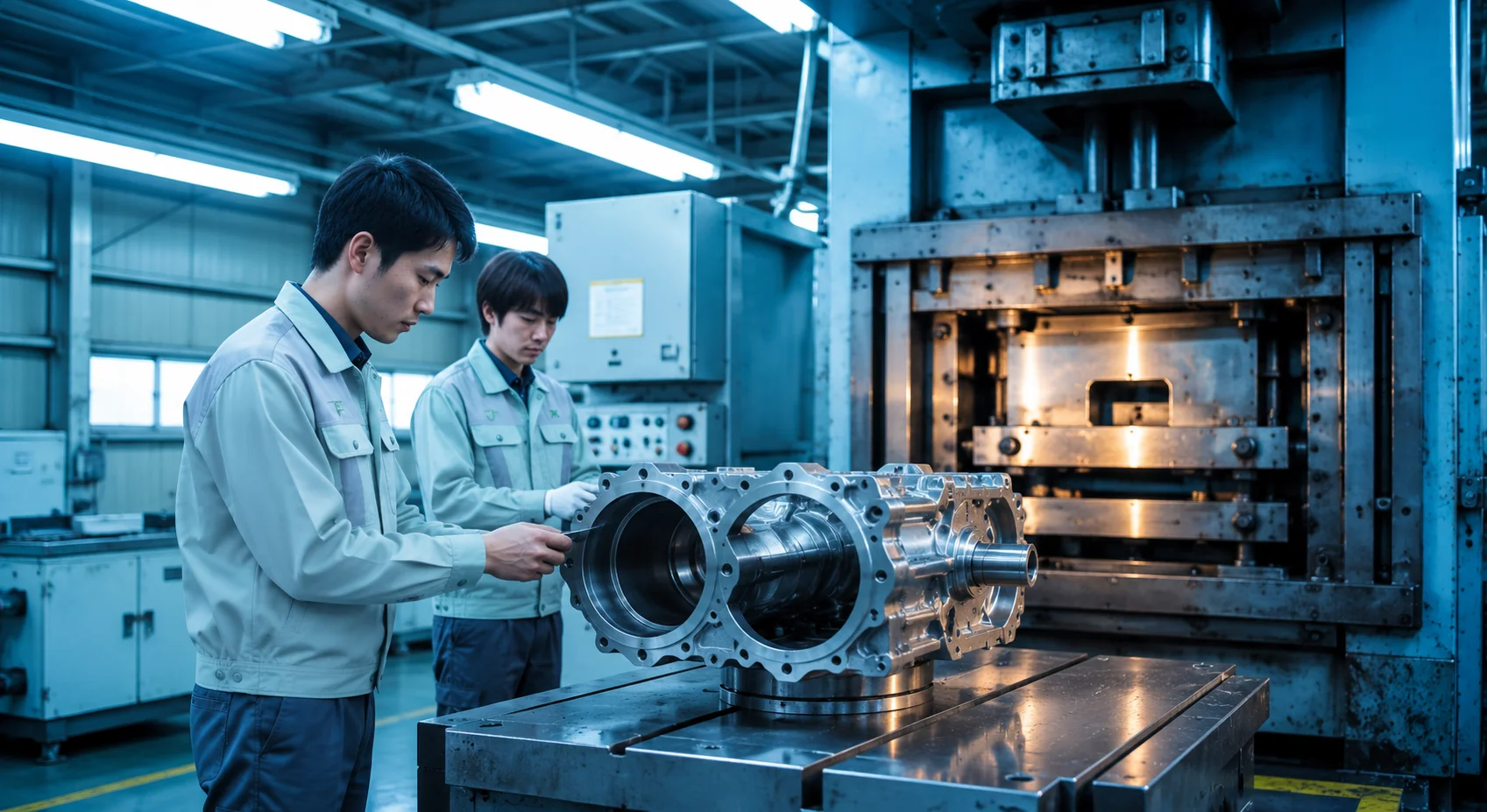 鍛造設備と加工設備が稼働する工場内の広い作業エリア